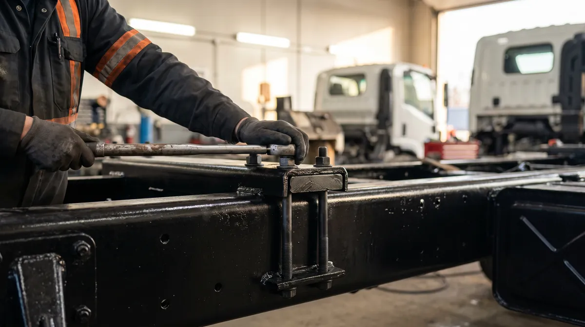 Técnico de luvas aperta com chave de torque os grampos em U que prendem o sobrechassi à longarina preta do caminhão