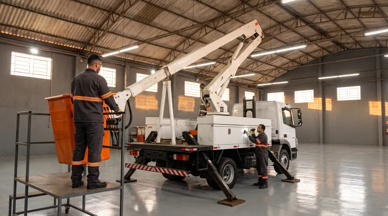 Caminhão branco com cesto aéreo laranja e lança isolada erguidos dentro do galpão, com técnicos inspecionando os comandos da caçamba e a torre