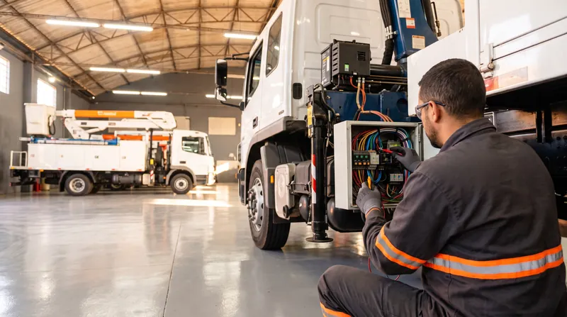 Técnico testa com multímetro a caixa elétrica de relés e fusíveis de um caminhão com guindaste, com um caminhão de cesto aéreo ao fundo