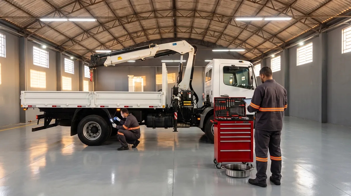 Caminhão branco com guindaste em box de manutenção, com técnico inspecionando bomba e mangueiras e outro com tablet ao lado do carrinho de ferramentas