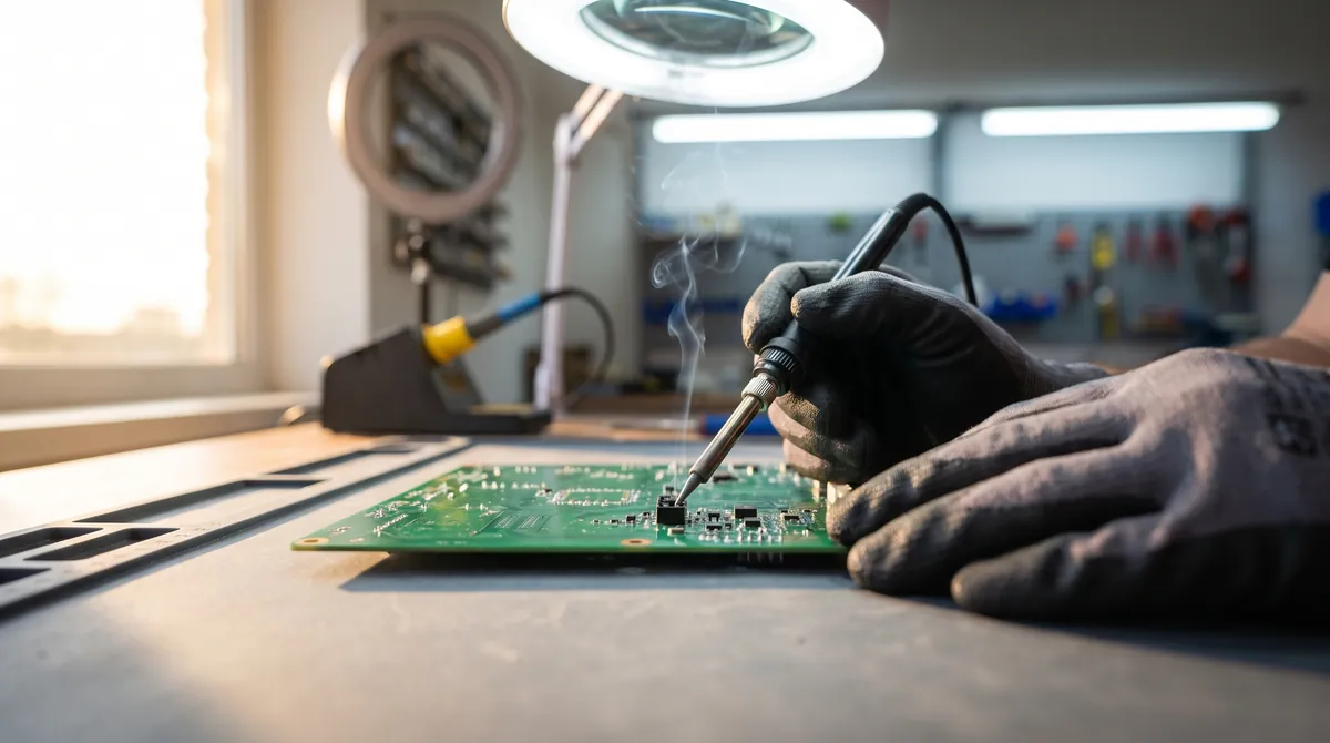 Ferro de solda em reparo de placa eletrônica sob lupa com iluminação
